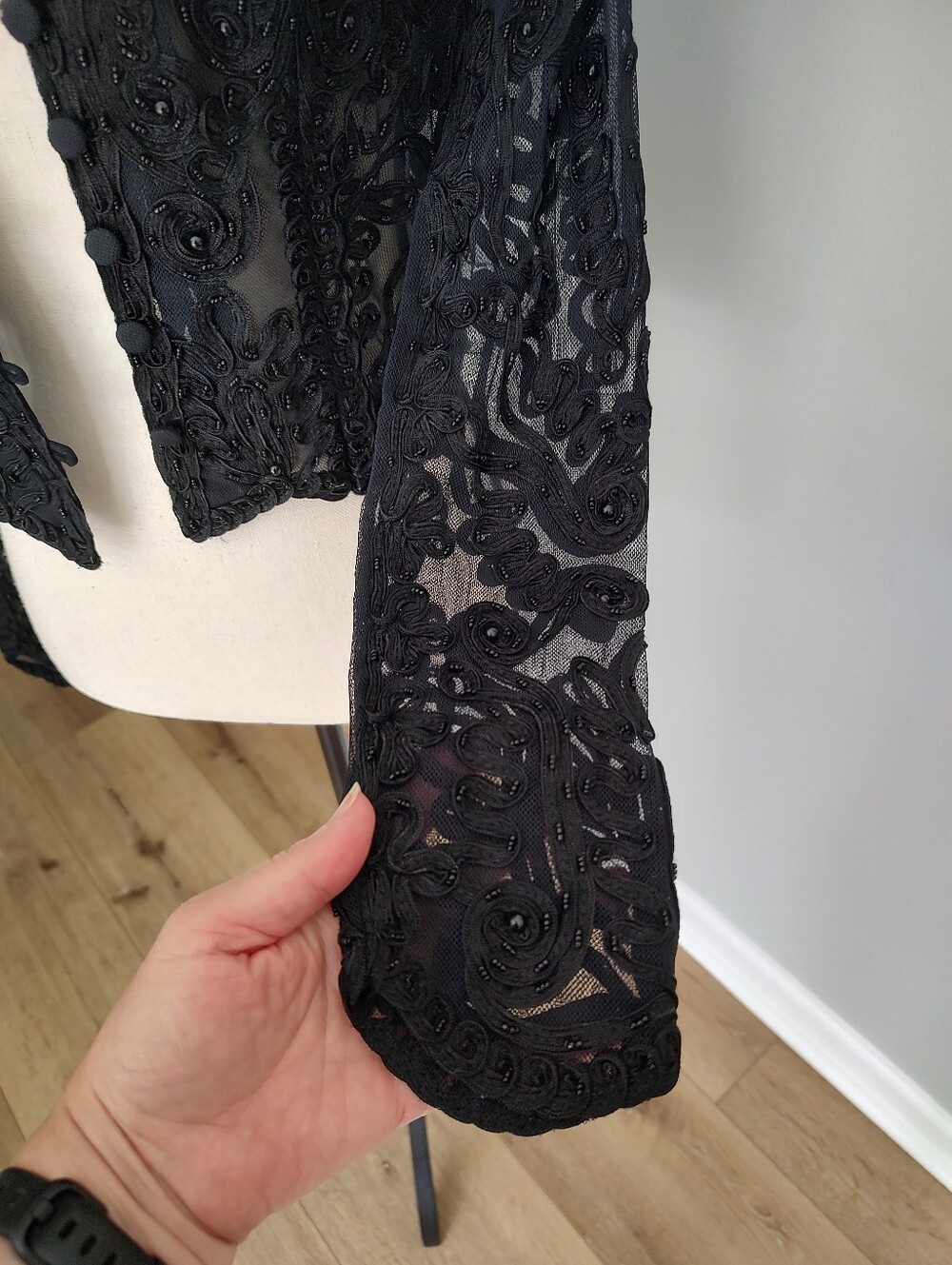 90s Vintage Cache Beaded Mesh Top Jacket Ribbon Black Whimsigoth Cropped L - Picture 6 of 8